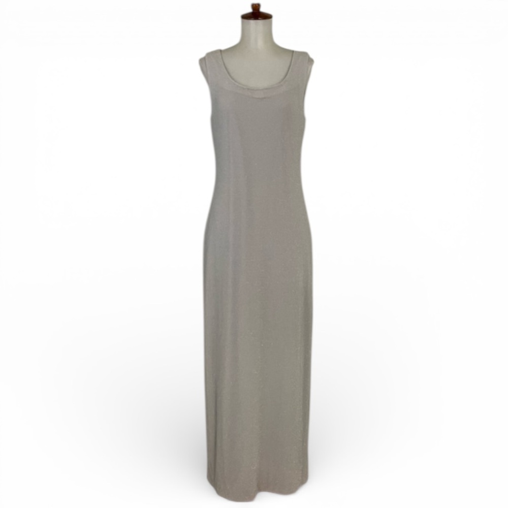 90s y2k Silver Slip Dress Women’s 8 Vintage Metallic Scoop Neck Sleeveless Maxi